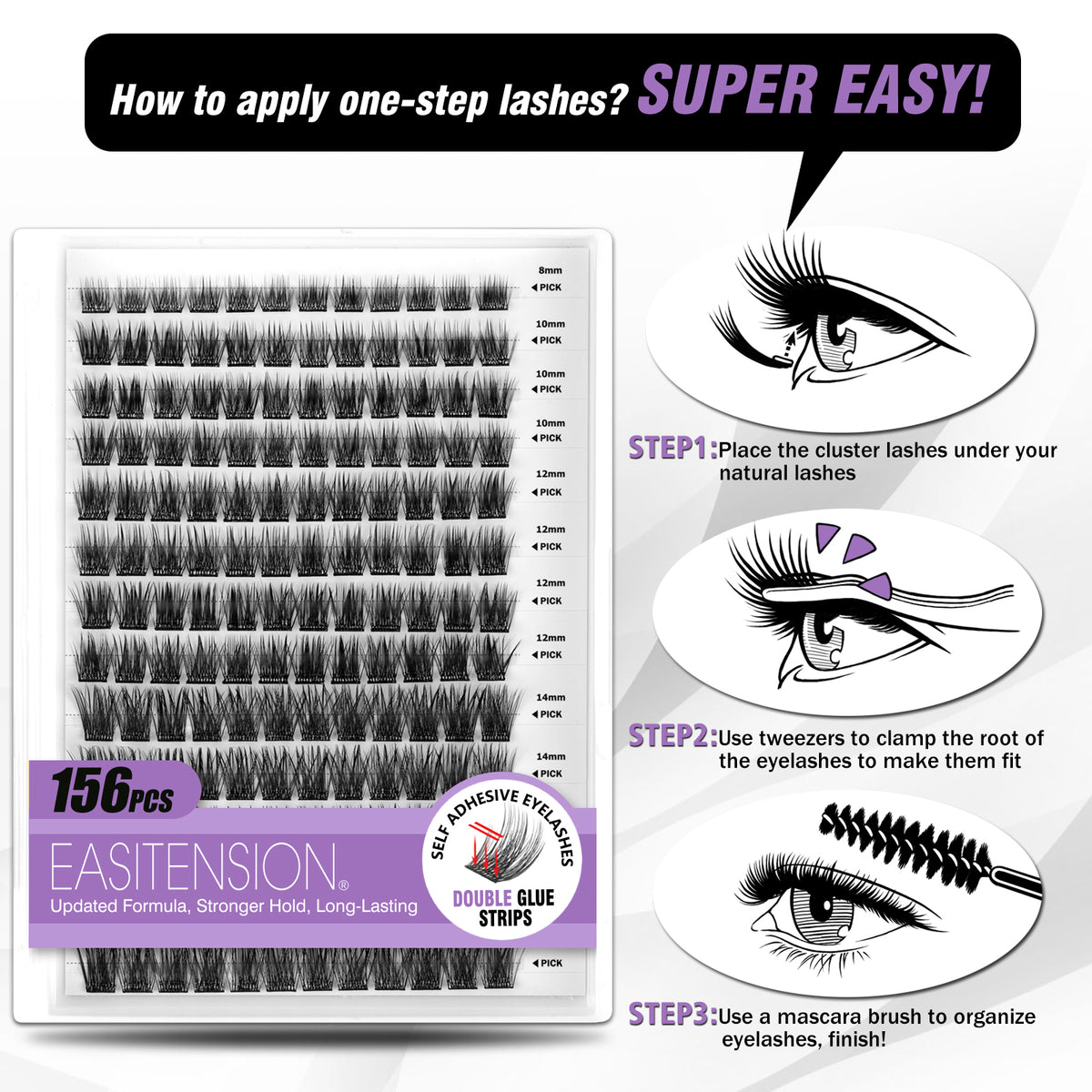 EASITENSION 156 PCS Self Adhesive Eyelashes Clusters Kit Lash Clusters DIY Eyelashes Pre Glued No Glue Needed No Remover No residue